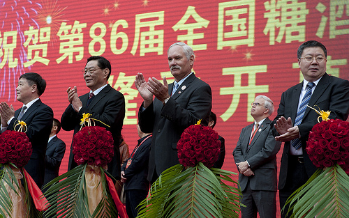 Left to right: Former Deputy Commissioner of Commerce for China Mr. Zhang Zhi Gang, Former Deputy Commissioner of Commerce for China  He Ji Hai, Acting Under Secretary for Farm and Foreign Agricultural Services Michael Scuse, Former Deputy Commissioner of Commerce for China He Hua Zhangand at the opening of Tang Jiu Hui Trade Show in Chengdu.  Scuse is currently leading USDA’s largest-ever trade mission delegation in China. Photo Credit: Kirsten Allen
