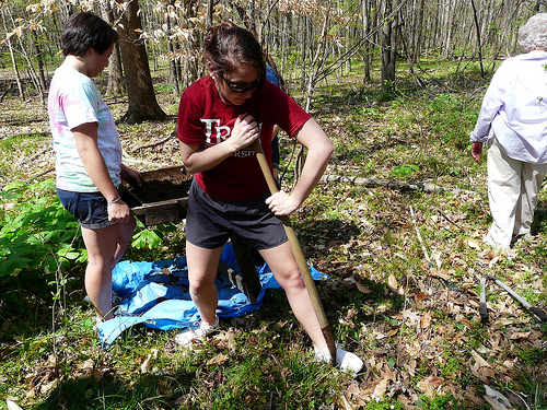 Troy University students conduct shovel tests in an attempt to discover how far the archeological site extends into the woods from the row crop field.