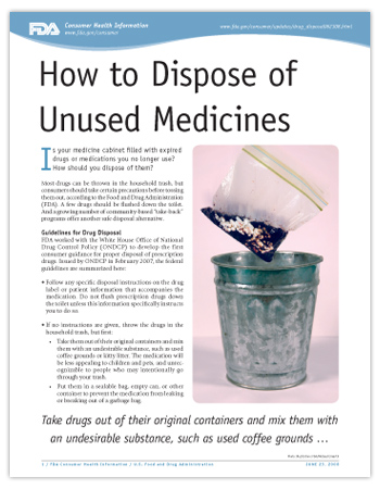 Cover page of PDF version of this article, including photo of pills mixed with used coffee grounds in a small plastic bag dropping into a trash can