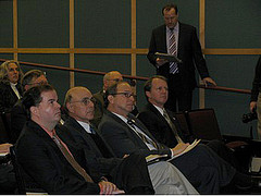 Congressman John Adler (seated far right);  NJ Secretary of Agriculture Doug Fisher; Dr. Joe Seneca,  Economist from Rutgers University;  Brian Schilling, Food Policy Institute of Rutgers University and Howard Henderson (standing), State Director, USDA Rural Development, intently listen during Jobs and  Economic Growth Forum  
