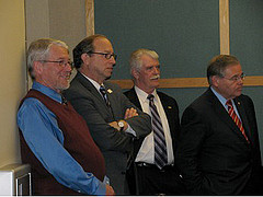 Senator Bob Menendez (far right); Donald Swartz, Director Economic Development South Jersey;  NJ Secretary of Agriculture Doug Fisher; Dean Robert Goodman, Rutgers University participate in the New Jersey Jobs and Economic Growth Forum 