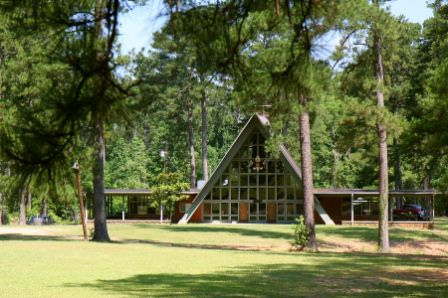 The centerpiece of Camp Binachi is this 250-seat dining hall with its distinct A-frame shape. Surrounded by green grass and beautiful pines, it is a truly picturesque scene year-round.