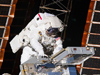 NASA astronaut Andrew Feustel, STS-134 mission specialist, installs the Materials on International Space Station Experiment – 8, or MISSE-8, hardware. MISSE-8 is a test bed for materials and computing elements attached to the outside of the International Space Station.