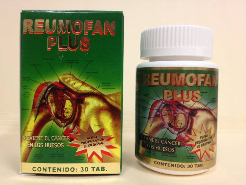 Photo of Reumofan Plus packaging and bottle. The packaging and bottle include an image of a joint, such as a shoulder.