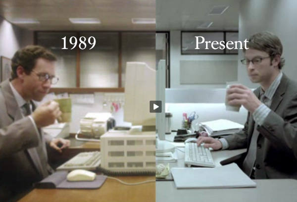 Office workers sipping coffee at their desks  in the years 1989 and Present day.