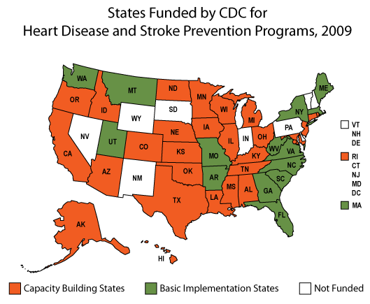 Color-coded map showing states funded for Heart Disease and Stroke Prevention programs for 2008. States are assigned one of three categories: Not Presently Funded; Capacity Building; Basic Implementation.