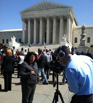 NFIB's Karen Harned is interviewed outside the Supreme Court.