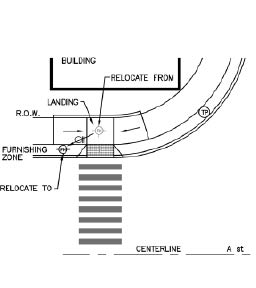 Engineering drawing showing existing corner with sidewalk obstructions relocated to facilitate usable design of combination curb ramp. APS location is indicated.