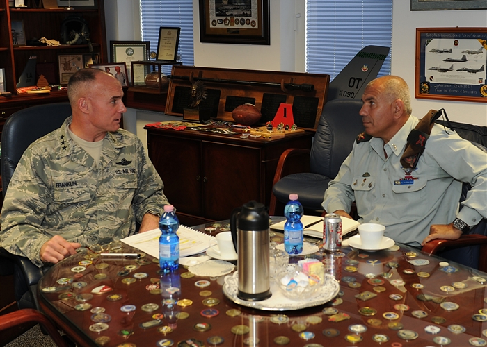 Air Force Lt. Gen. Craig Franklin, U.S. Third Air Force Commander, the senior AC12 US commander in Israel for the exercise, and Israel Defense Forces Brig Gen Nitzan Nuriel, the IDF's lead AC12 exercise.