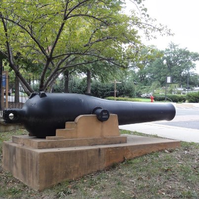 Photo: US Navy 9-inch Dahlgren smoothbore shell gun located acrosss the street from the entrance to the Navy Department Library. Photo courtesy of Glenn E. Helm.