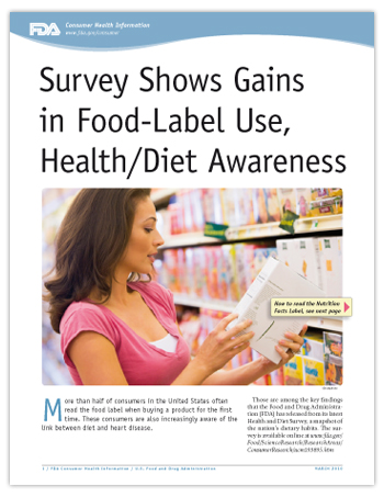 Graphic of PDF of this article: Survey Shows Gains in Food-Label Use, Health/Diet Awareness, including photo of woman reading the food label on a box of something in a grocery store