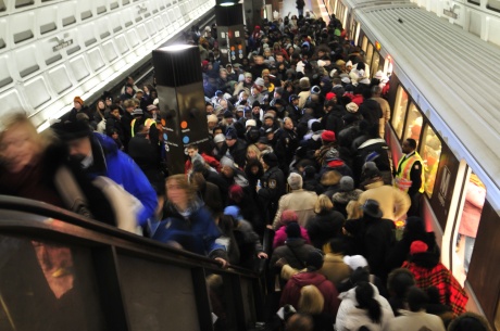 Washington, D.C., Jan. 20, 2009 -- Inauguration Day Metro rail surge, as over 305,000 riders out of Maryland - had used Metro rail by 9:00 a.m. This is the Federal Center SW stop in downtown D.C.