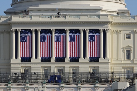 The U.S. Capitol being decorated with regalia for the 2009 Inauguration