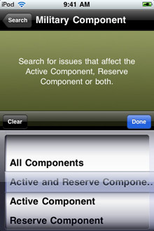 Military Component page - Army Family Action Plan Issue Search iPhone application screenshot