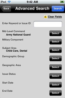 Advanced Search page - Army Family Action Plan Issue Search iPhone application screenshot