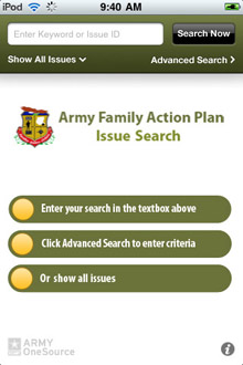 Army Family Action Plan Issue Search iPhone application screenshot