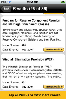 Issue List page - Army Family Action Plan Issue Search iPhone application screenshot