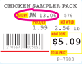 An image of food product - sell by date, net pounds, bar code and total price of the product