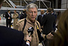 General Michael Kostelnik answers media questions at ribbon cutting in Grand Forks, N.D.