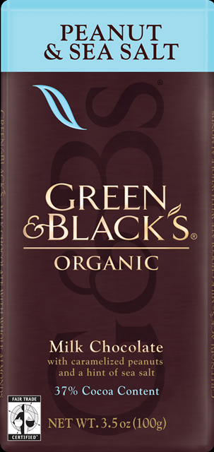 Peanut and Sea Salt Green and Blacks Organix Milk Chocolate with Caramelized Peanuts and a Hint of Sea Salt 37% Cocoa Content 3.5 OZ Label