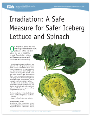 PDF Cover image - Irradiation: A Safe Measure for Safer Iceberg Lettuce and Spinach. Click on the image to view the PDF