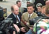 U.S. Customs and Border Protection Commissioner Robert C. Bonner and Governor of Maryland Robert L. Ehrlich Jr answer questions after a press event held at a seaport in Baltimore Maryland unveiling the new CBP Mobil Sea Container System.