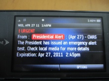 Cell phone with Presidential Alert from demonstration of the Commercial Mobile Alert System (CMAS).