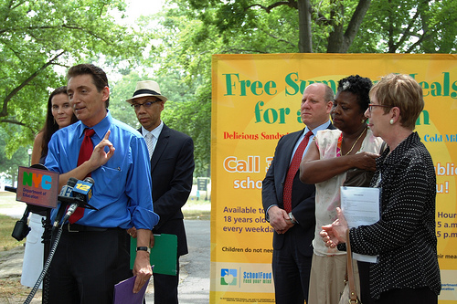 Press conference held at the Orchard Beach food truck summer meal site. From left to right, New York City Mayor’s Food Policy Coordinator Kim Kessler, New York City Department of Education Chancellor Dennis Wolcott, USDA’s Food and Nutrition Service Northeast Regional Administrator James Arena-DeRosa, Chief Executive New York City Department of Education School Support, Representative C37 Union Eric Goldstein, New York City Department of Education Deputy Chancellor Kathleen Grimm.