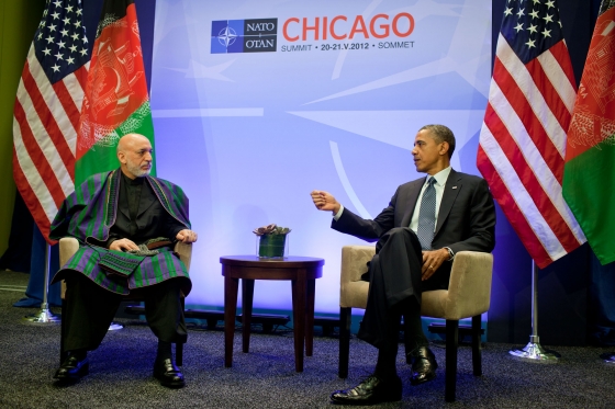 President Barack Obama and President Hamid Karzai of Afghanistan deliver statements after a bilateral meeting 