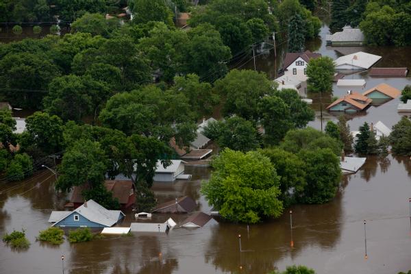 Aerial view of flooding from the Souris River in the Oak Park neighborhood in Minot. FEMA is providing disaster assistance to Ward and Burleigh counties.