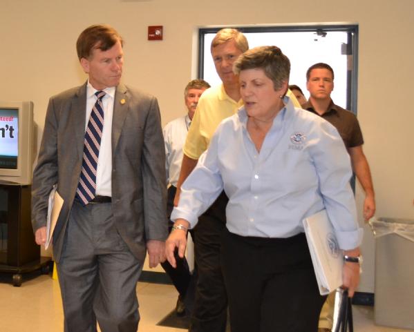 Department of Homeland Secretary Janet Napolitano (right) talks with Virginia Governor Robert McDonnell as they enter the Virginia Emergency Operations Center.