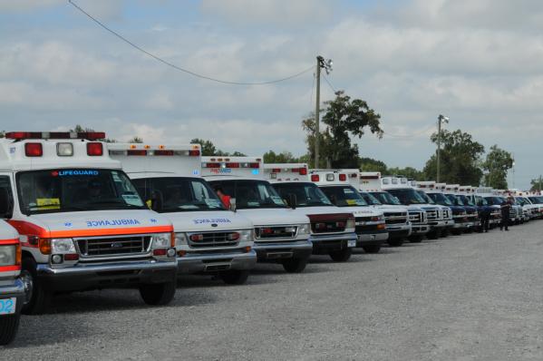 Scores of ambulances staged in Baton Rouge await orders to deploy to help Louisiana residents as Hurricane Isaac threatens to make landfall along the Gulf Coast. The State of Louisiana, FEMA, and other federal agencies are working closely, ready to respond where needed. Gina Cortez/FEMA