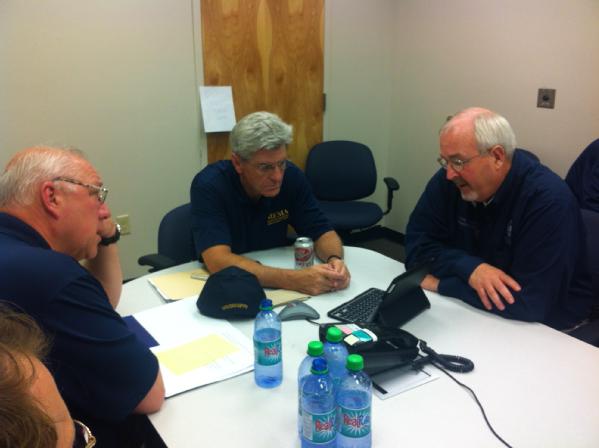 FEMA Administrator Craig Fugate meets with MEMA Director Robert Latham (left) and Mississippi Gov. Bryant (center) to discuss Hurricane Isaac preparations. FEMA continues to support state and local partners as communities along the Gulf Coast prepare for Hurricane Isaac.