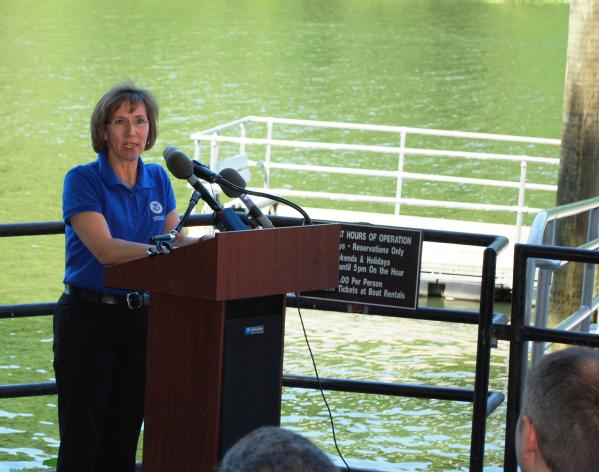 Sandra Knight, Mitigation Deputy Associate Adminsitrator, speaks at the Dam Safety Awarenss Day ceremony at Lake Needwood Dam.