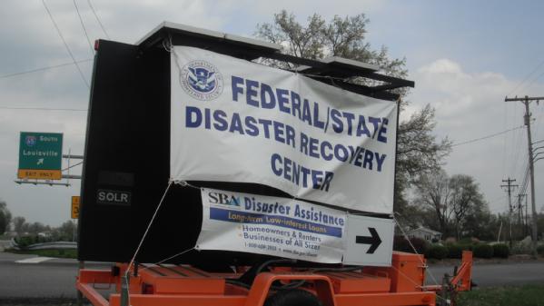 A picture of the sign outside a disaster recovery center following the presidential declaration for Indiana.