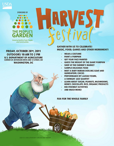 USDA's People’s Garden is sponsoring a Harvest Festival on Friday, October 28 from 10 am to 2 pm at USDA Farmers Market, on the northeast lawn of Jamie L. Whitten Building and along 12th Street in-between Jefferson Drive and Independence Avenue, SW. The festival marks the culmination of a very productive growing season for the People's Garden at USDA Headquarters. 