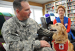 Miliatary service man receiving comfort from a Red Cross service dog 