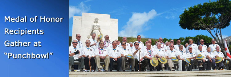 Medal of Honor recipients gather for a group photo in front of the Honolulu Memorial at the National Memorial Cemetery of the Pacific.