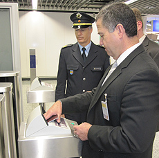 Acting Commissioner David V. Aguilar receives a demonstration of Germany’s automated border controls at Frankfurt Airport while BPOL Frankfurt Airport Directorate President Wolfgang Wurm observes.