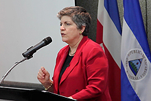 Department of Homeland Security Secretary Janet Napolitano addresses participants attending the Central American Border Management Seminar.  