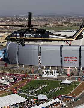 A CBP Air and Marine helicopter flies security missions at the Super Bowl