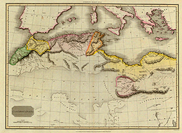 This 1814 map by John Pinkerton shows the northern coast of Africa. The Barbary nations depicted are Morocco (here as Morocco and Fez), Algiers, Tunis, and Tripoli (now Libya).