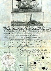 Mediterranean passport issued August 22, 1838 to the schooner Sailor’s Return. A note on the reverse states that the passport was surrendered at the port of Newport on December 29, 1838, because the vessel was “lost on Cape at Rogue Shoals.”