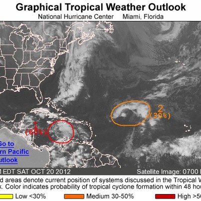 Photo: There has been no change in organization tonight with the showers and thunderstorms associated with the tropical wave over the central Caribbean Sea. However, there remains a high chance of it becoming a tropical cyclone during the next 48 hours as it moves slowly toward the west. Heavy rains are likely to spread over Jamaica, eastern Cuba and Hispaniola during the next few days, possibly triggering life-threatening flash floods and mud slides, especially in areas of high terrain.
Elsewhere, an upper-low interacting with a tropical wave is centered about 1000 miles east-northeast of the Leeward Islands. It has a medium chance of becoming a tropical cyclone during the next 48 hours as it moves toward the west-northwest.
Get the latest on the tropics anytime by visiting the NOAA NHC website at www.hurricanes.gov