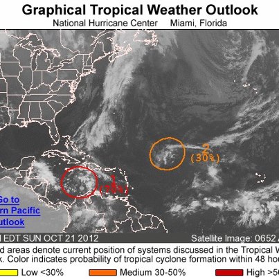 Photo: Showers and thunderstorms have been increasing during the past several hours near a tropical wave and associated area of low pressure located over the central Caribbean Sea. There remains a high chance of it becoming a tropical cyclone during the next 48
hours as it moves slowly toward the west. Heavy rains are likely to spread over Jamaica, eastern Cuba and Hispaniola during the next few days, possibly triggering life-threatening flash floods and mud slides, especially in areas of high terrain.
Elsewhere, an upper-low interacting with a tropical wave is centered about 850 miles east-northeast of the Leeward Islands. It has a medium chance of becoming a tropical cyclone during the next 48 hours as it moves toward the west-northwest.
Get the latest on the tropics anytime by visiting the NOAA NHC website at www.hurricanes.gov
