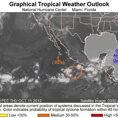 Photo: Over the eastern North Pacific Ocean this morning, a broad area of low pressure is located about 450 miles south-southwest of Acapulco, Mexico.  It has a medium chance of becoming a tropical cyclone during the next 48 hours as it moves slowly westward. 
Get the latest on the tropics anytime by visiting the NOAA NHC website at www.hurricanes.gov