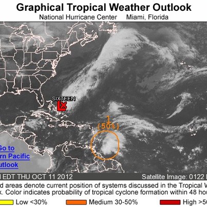 Photo: NHC is issuing advisories on Atlantic Tropical Depression Sixteen, located about 235 miles east-northeast of the central Bahamas.
Elsewhere, a broad area of low pressure assocated with a tropical wave is located about 100 miles southeast of Barbados. The shower and thunderstorm activity continues to show some signs of organization, and the system has a medium chance of developing into a tropical cyclone during the next 48 hours as it moves toward the northwest. Regardless of development, strong gusty winds and heavy rainfall are possible over portions of  the Lesser Antilles during the next couple of days.
Get the latest on the tropics anytime by visiting the NOAA NHC website at www.hurricanes.gov