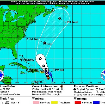Photo: NHC is now issuing advisories on newly formed Tropical Storm Rafael, centered about 125 miles west-southwest of Dominica.
Tropical Storm Warnings have been issued for the British and U.S. Virgin Islands, as well as a number of islands in the Lesser Antilles. A Tropical Storm Watch includes Puerto Rico.
Rafael is moving toward the north-northwest, with a turn toward the north expected on Saturday. On that forecast track, the center will move across the eastern Caribbean Sea tonight and be near or over the Virgin Islands Saturday or Saturday Night. Tropical storm conditions are expected in the warning area tonight and Saturday, and possibly in the watch area Saturday Night and Sunday.
Maximum sustained winds are 40 mph. Some slow strengthening is possible Saturday through Sunday.
Get the latest on the storm, including watches, warnings, and graphics, on the NOAA NHC website at www.hurricanes.gov