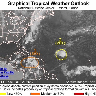 Photo: NHC continues to monitor two areas of disturbed weather this morning over the Atlantic basin.
One is a tropical wave producing a large but disorganized area of clouds and thunderstorms between Hispaniola and northern South America. Environmental conditions are forecast to become more favorable for development, and the system has a medium chance of becoming a tropical cyclone during the next 48 hours as it moves west over the central and western Caribbean Sea.
The other is a concentrated area of clouds and thunderstorms associated with a tropical wave interacting with an upper-low. It's centered about 1000 miles east-northeast of the Leeward Islands, and has a low chance of becoming a tropical cyclone during the next 48 hours as it moves toward the west-northwest.
Meanwhile, the eastern North Pacific basin remains quiet.
Get the latest on the tropics anytime by visiting the NOAA NHC website at www.hurricanes.gov