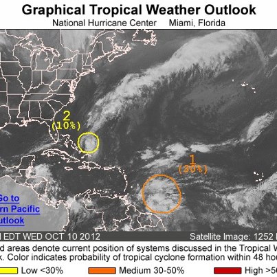 Photo: On this Wednesday afternoon, a tropical wave is located about 500 miles east of the Windward Islands. Some gradual development of this system is possible as it moves toward the west-northwest, and it has a medium chance of becoming a tropical cyclone during the next 48 hours. Regardless of development, gusty winds and heavy rainfall are possible over portions of the Lesser Antillies during the next couple of days.
Elsewhere, a weak area of low prssure located a couple of hundred miles east of the central Bahamas has become a little better defined today. Environmental conditions are only marginally conducive for development during the next day or so before it merges with a cold front Thursday Night or Friday.  It has only a low chance becoming a tropical cyclone during the next 48 hours as it moves little.
Get the latest on the tropics anytime by visiting the NOAA NHC website at www.hurricanes.gov 

an weak area of low pressure is located a co